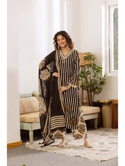 Nehamta - Women Black Stripes Printed Kurta with Pant and Dupatta