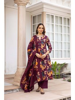 Nehamta - Women Wine Floral Printed Kurta with Pant and Dupatta