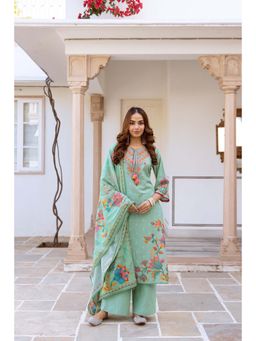 Nehamta - Women Mint Green Floral Printed-Sequined Kurta with Palazzo and Dupatta
