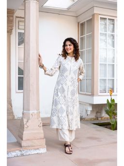 Nehamta - Women Off White Cotton Flex Printed Kurta with Palazzo
