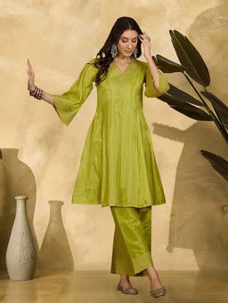 KVS FAB - Women Lime Green Silk Blend Zari Embroidered Kurta with Palazzo