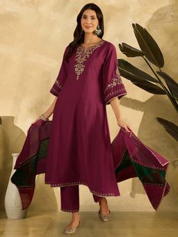 KVS FAB - Women Wine Embroidered Kurta with Pant and Dupatta