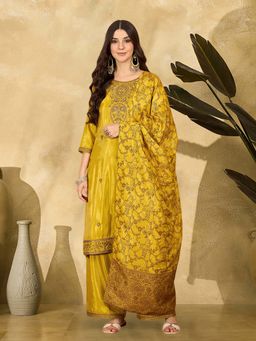 KVS FAB - Women Yellow Embroidered Kurta with Palazzo and Dupatta