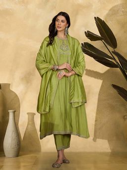 KVS FAB - Women Parrot Green Embroidered A-Line Kurta with Pant and Dupatta