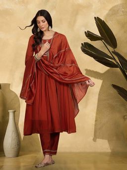 KVS FAB - Women Rust Zari Embroidered A-Line Kurta with Pant and Dupatta