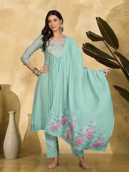 KVS FAB - Women Sky Blue Floral Embroidered Kurta with Pant and Dupatta