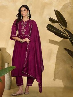 KVS FAB - Women Wine Floral Embroidered Kurta with Pant and Dupatta