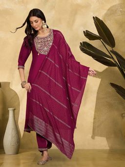KVS FAB - Women Magenta Embroidered Kurta with Pant and Dupatta