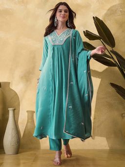 KVS FAB - Women Sky Blue Embroidered A-Line Kurta with Pant and Dupatta