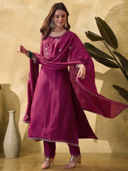 KVS FAB - Women Wine Floral Embroidered Kurta with Pant and Dupatta