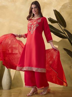 KVS FAB - Women Red Floral Embroidered Kurta with Palazzo and Dupatta