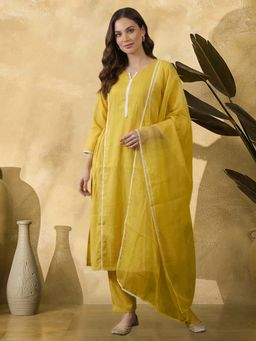 KVS FAB - Women Yellow Woven Schiffli Lace Kurta with Pant and Dupatta