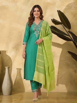 KVS FAB - Women Green Zari Embroidered Kurta with Pant and Dupatta