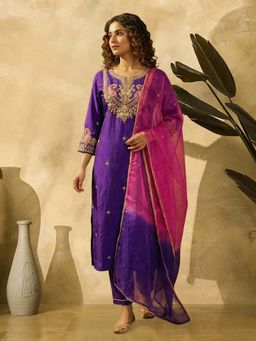 KVS FAB - Women Purple Zari Embroidered Kurta with Pant and Dupatta