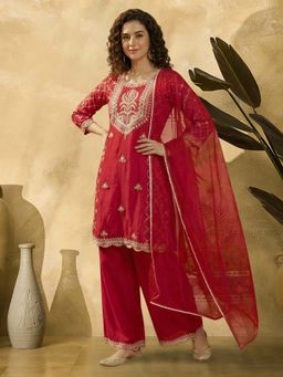 KVS FAB - Women Red Embroidered Kurta with Palazzo and Dupatta