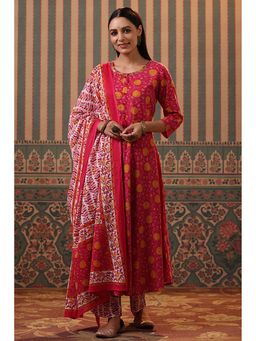 Rain & Rainbow - Women Fuchsia Pink Floral Printed Anarkali Kurta with Pant and Dupatta