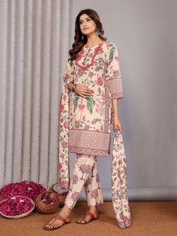Elora - Women Beige Floral Printed Floral Printed Kurta with Pant and Dupatta