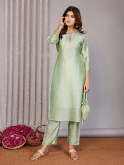 Elora - Women Pista Green Embroidery Kurta with Pant and Dupatta