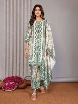 Elora - Women Off White-Green Floral Printed Kurta with Pant and Dupatta