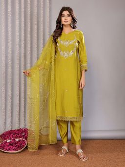 Elora - Women Olive Floral Embroidery Kurta with Pant and Dupatta
