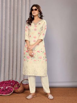 Elora - Women Cream Floral Printed Kurta with Pant and Dupatta