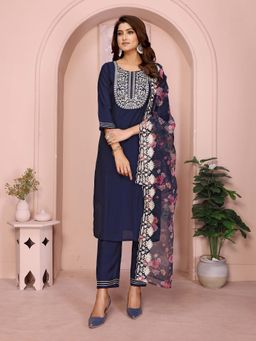 Elora - Women Navy Blue Floral Embroidered Kurta with Pant and Dupatta