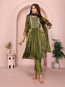 Elora - Women Olive Floral Embroidery A-Line Kurta with Pant and Dupatta