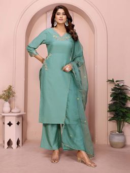 Elora - Women Sea Green Floral Embroidery Kurta with Palazzo and Dupatta