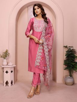 Elora - Women Rose Pink Floral Embroidery Kurta with Pant and Dupatta