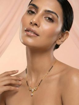 ADIVA - Gold Plated Mangalsutra with Black Beads and Cz Stone Floral Drop Pendant