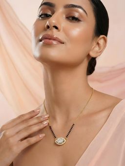 ADIVA - Gold Plated Mangalsutra with Black Beads and Cz Stone Oval Eye Shape Pendant