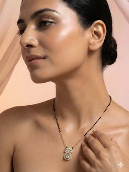 ADIVA - Gold Plated Mangalsutra with Black Beads and Cz Stone Rectangular Floral Pendant