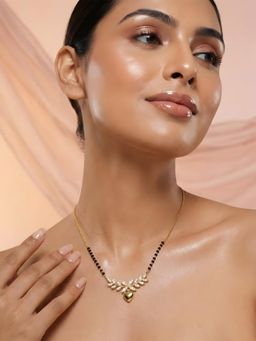 ADIVA - Gold Plated Mangalsutra with Black Beads and Cz Stone Leaf Bar with Heart Drop