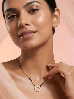 ADIVA - Women Gold Plated Mangalsutra with Black Beads and Cz Circle Halo Pendant