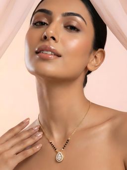 ADIVA - Women Gold Plated Mangalsutra with Black Beads and Cz Teardrop Pendant