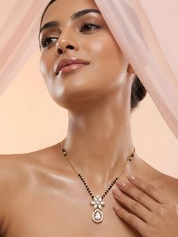 ADIVA - Women Gold Plated Mangalsutra with Black Beads, Pearl and Cz Drop Pendant