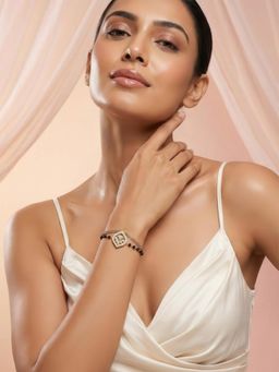 ADIVA - 18K Gold-Plated Black Beaded Cz Heart Charm Hand Mangalsutra