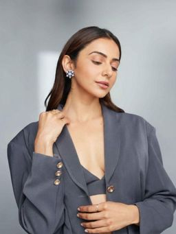 Accessher - Silver-Tone Blue Crystal Floral Stud Earrings For Women