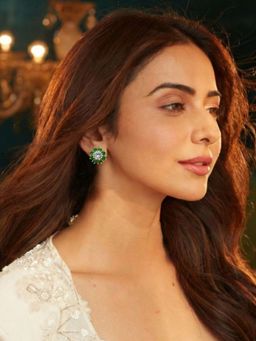 Accessher - Gold-Tone Green Crystal Floral Stud Earrings For Women