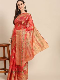 Odette - Coral Woven Organza Saree with Unstitched Blouse