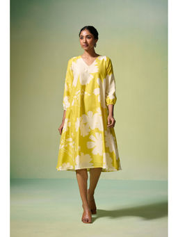 Dressfolk - Lime Yellow Chanderi Floral Print Midi Dress