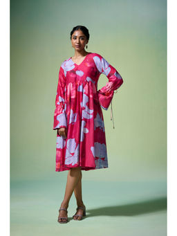 Dressfolk - Deep Pink Chanderi Floral Print Midi Dress