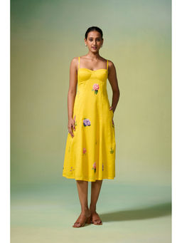 Dressfolk - Yellow Chanderi Floral Print Midi Dress