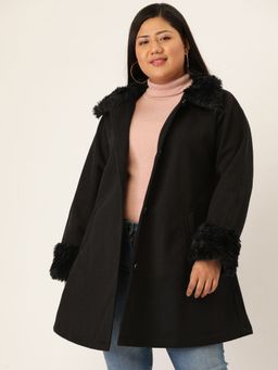 theRebelinme - Women Black Solid Color Spread Collar with Fur Detail Longline Coat