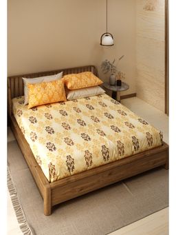 LABHAM - Pure Cotton Ethnic Motifs Printed King Size Flat Bedsheet Yellow (Set of 3)