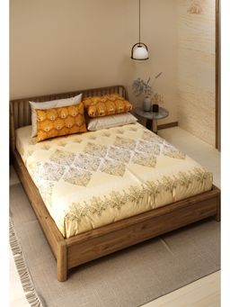 LABHAM - Pure Cotton Ethnic Motifs Printed King Size Flat Bedsheet Beige (Set of 3)