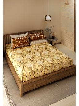 LABHAM - Pure Cotton Ethnic Motifs Printed King Size Flat Bedsheet-Beige (Set of 3)