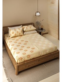 LABHAM - Pure Cotton Beige Ethnic Motifs Printed King Size Flat Bedsheet (Set of 3)