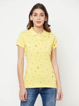 CRIMSOUNE CLUB - Women Yellow Floral Printed Polo Collar T-Shirt