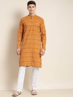 SOJANYA - Men Cotton Mustard & Cream Printed Kurta with White Churidar Pyjama (Set of 2)